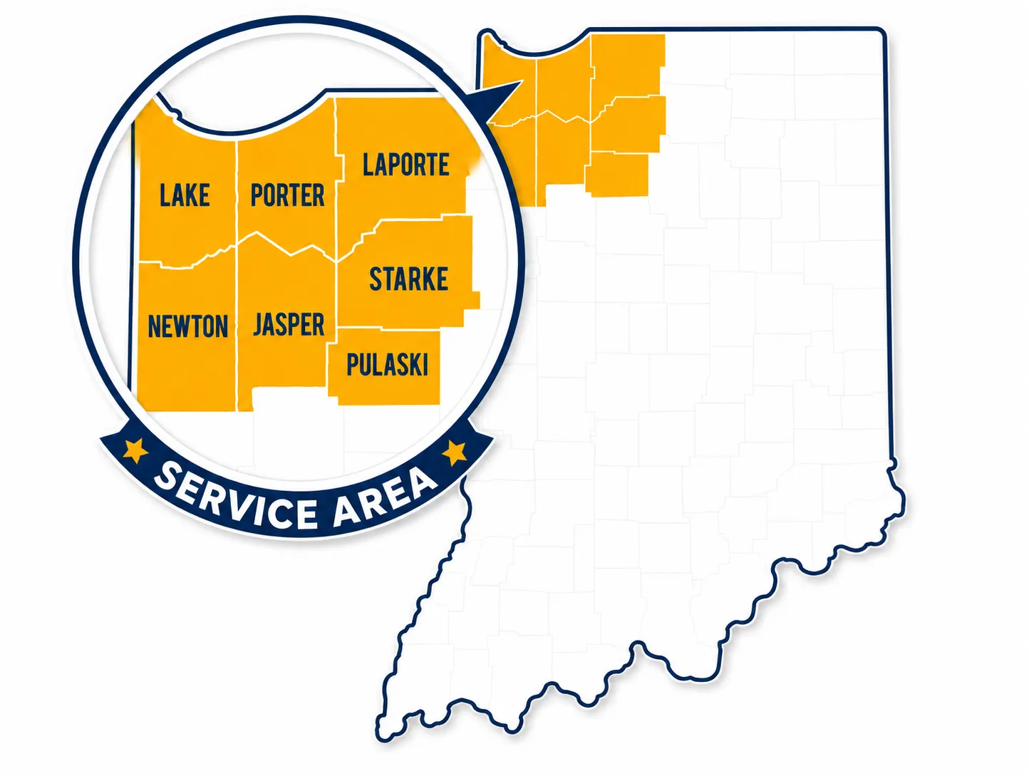 NWI Pressure Washing service area map covering Northwest Indiana counties including Lake, Porter, LaPorte, Newton, Jasper, Starke, and Pulaski