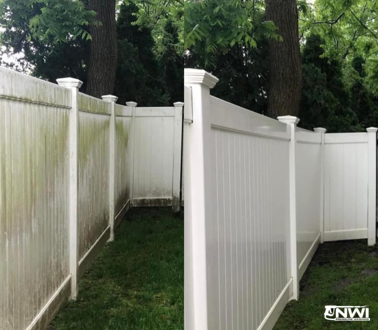 Before and after Fence Washing in Demotte, showcasing a clean, white vinyl fence with lush greenery in the background.