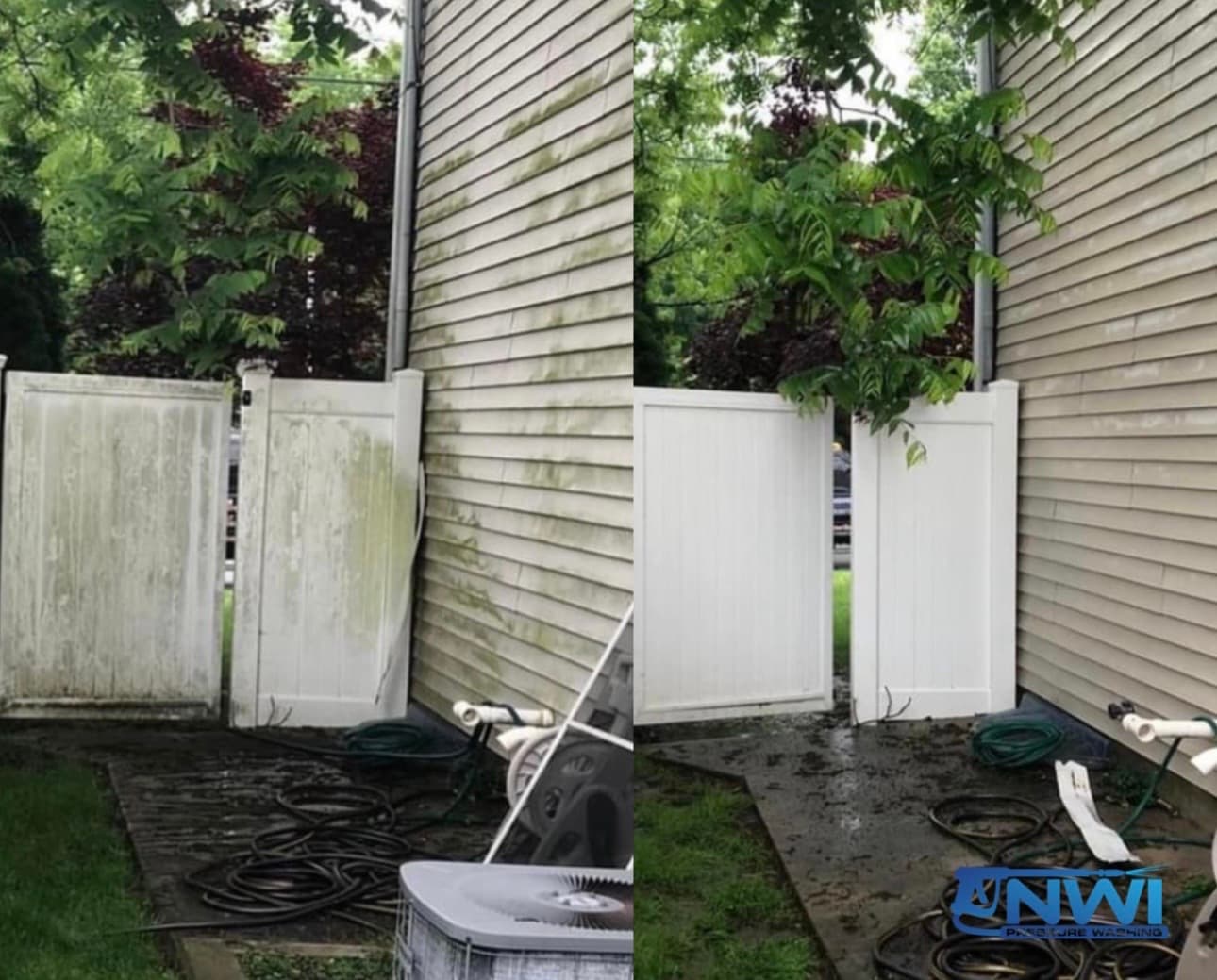 Comparison of fence and siding before and after washing in Demotte, highlighting restored cleanliness and vibrant greenery.