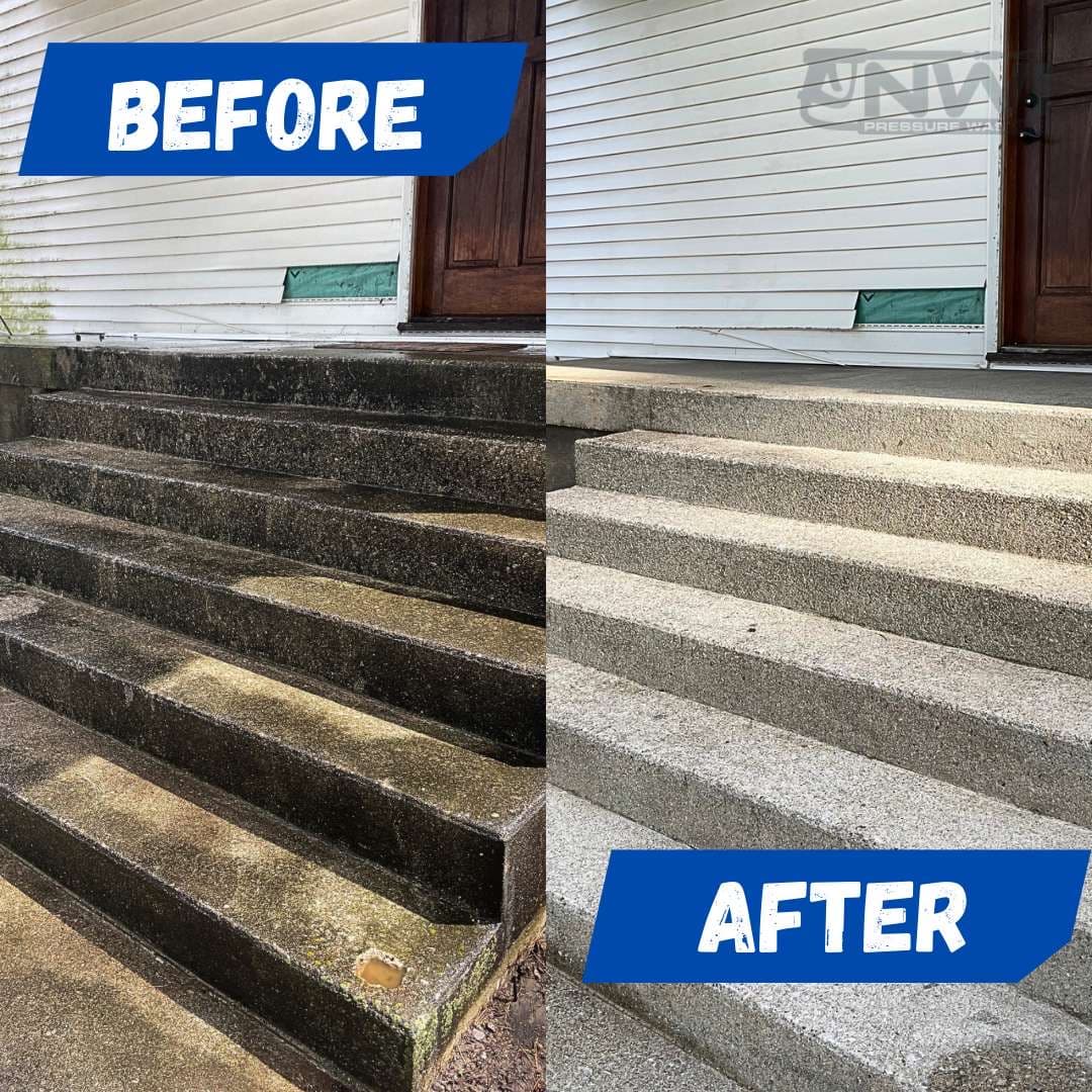Before and after images of concrete steps cleaned by NWI Pressure Washing in St. John, showing significant grime removal.