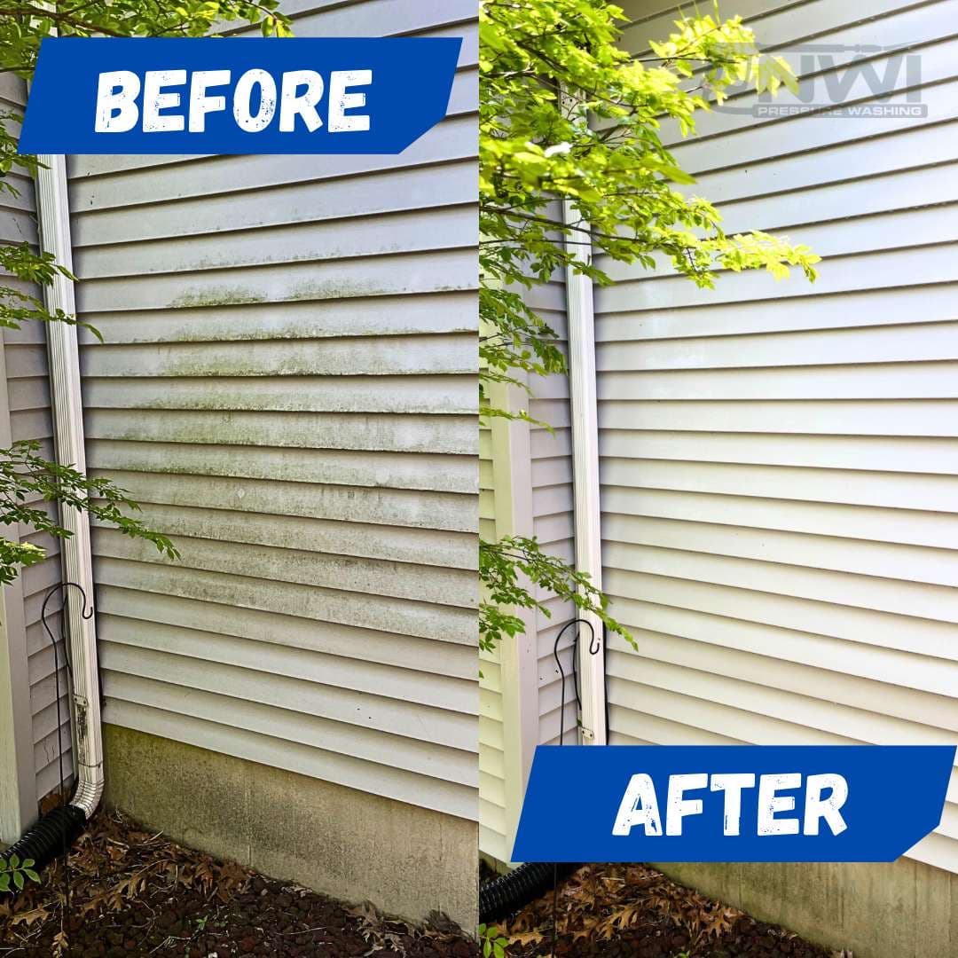Side-by-side comparison of house siding in St. John, cleaned by NWI Pressure Washing, highlighting the removal of green stains.