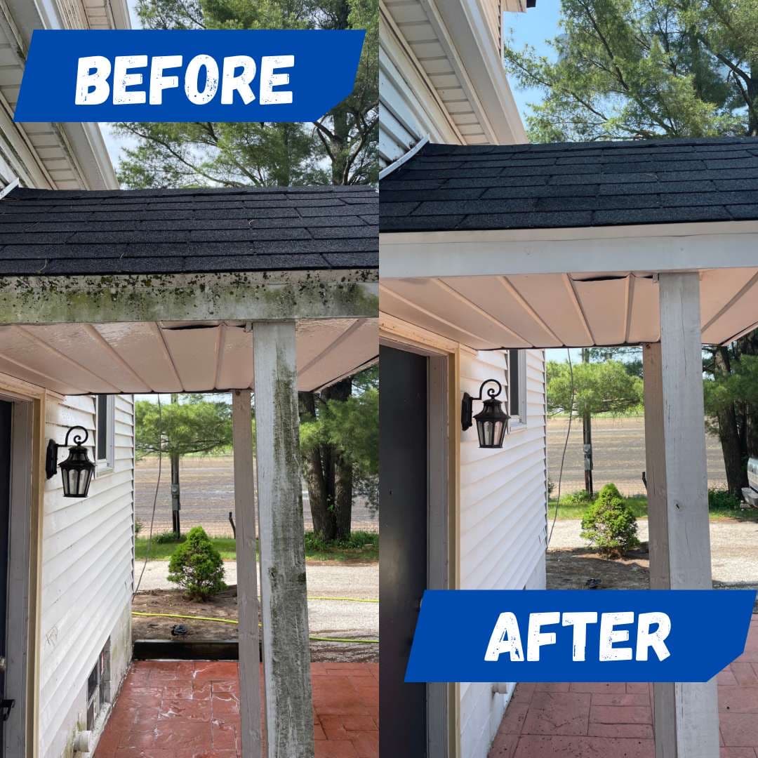 Transformation of porch roof and pillars by NWI Pressure Washing in St. John, illustrating the elimination of mold and dirt.