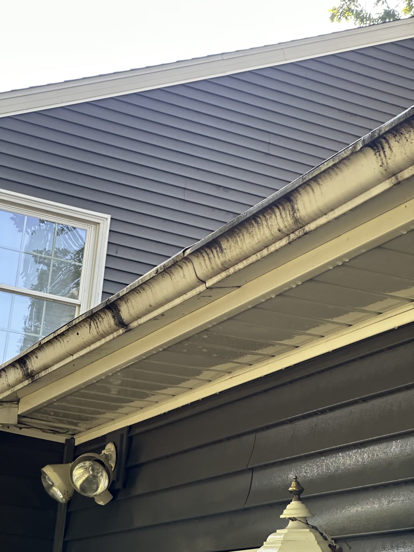 Dark streaks on white gutter under gray vinyl siding in Demotte, IN
