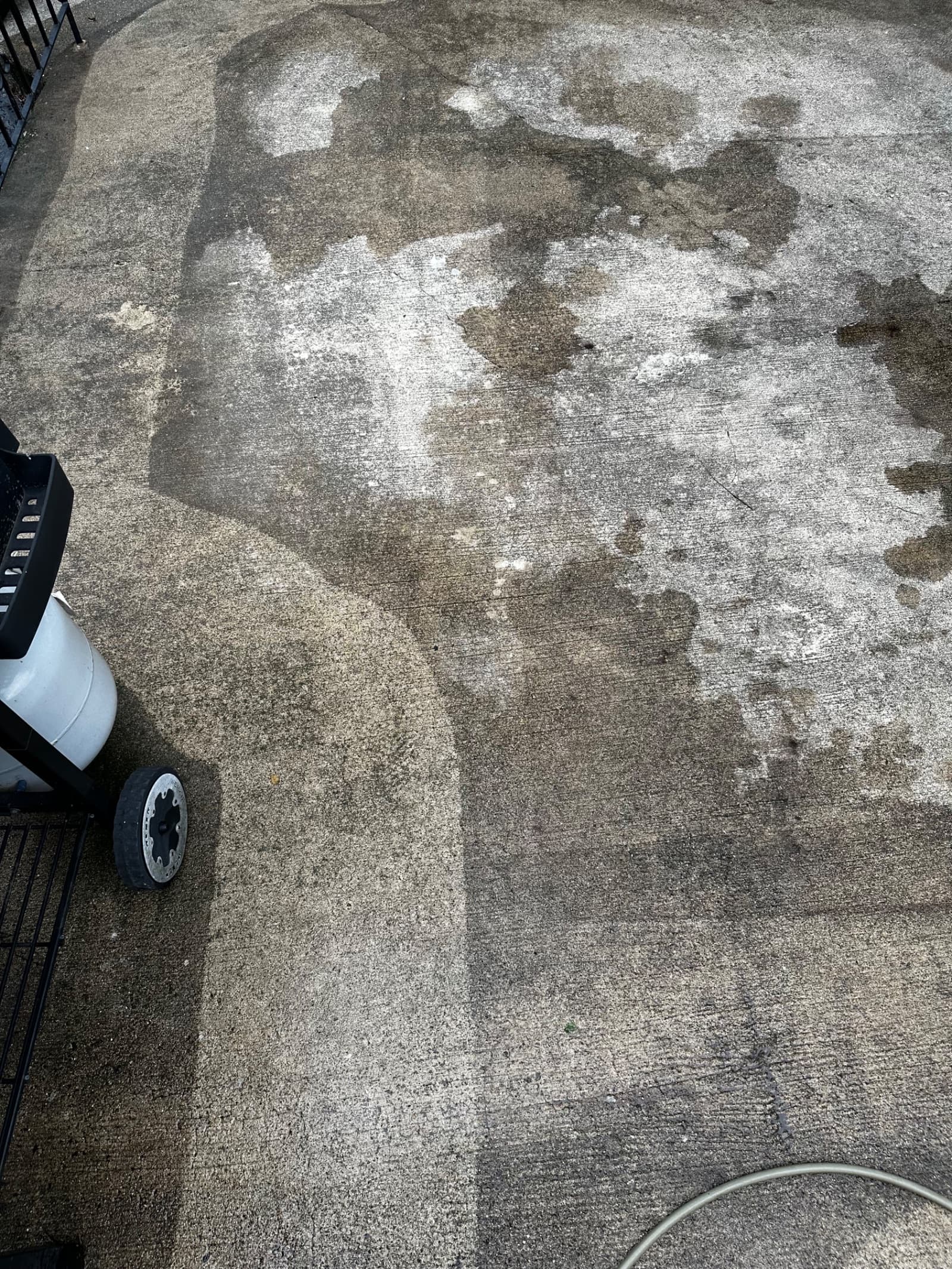 Partially cleaned concrete patio with visible dirt and stains