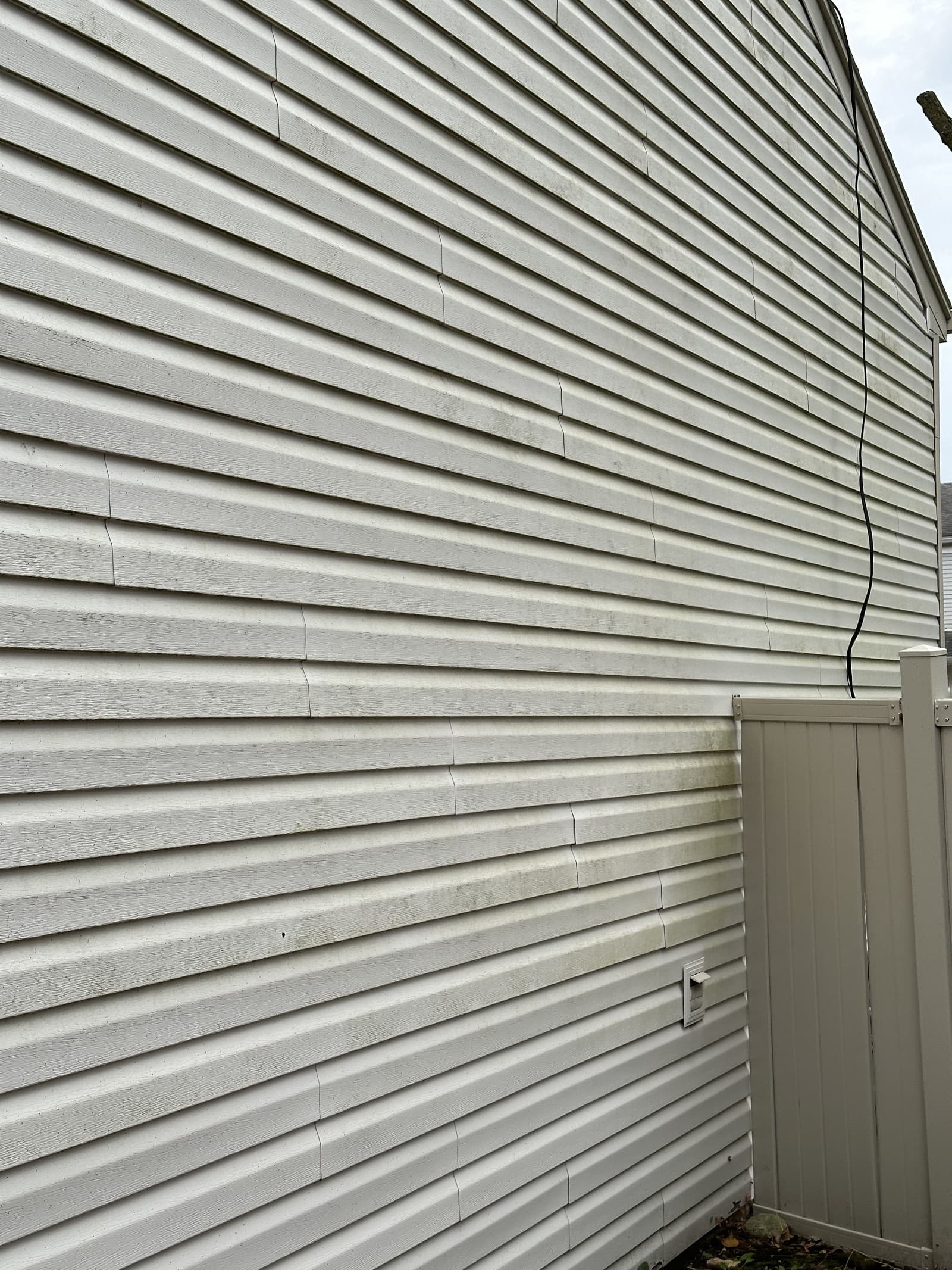 Vinyl siding with green algae stains before cleaning in Wheatfield, Indiana.