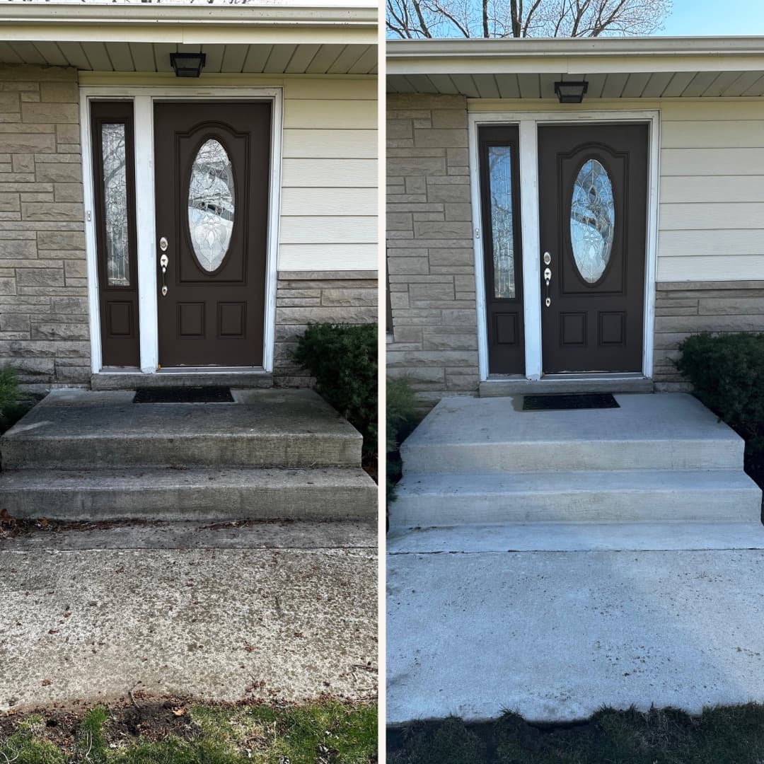 Before and after of cleaned concrete steps and walkway at house entrance