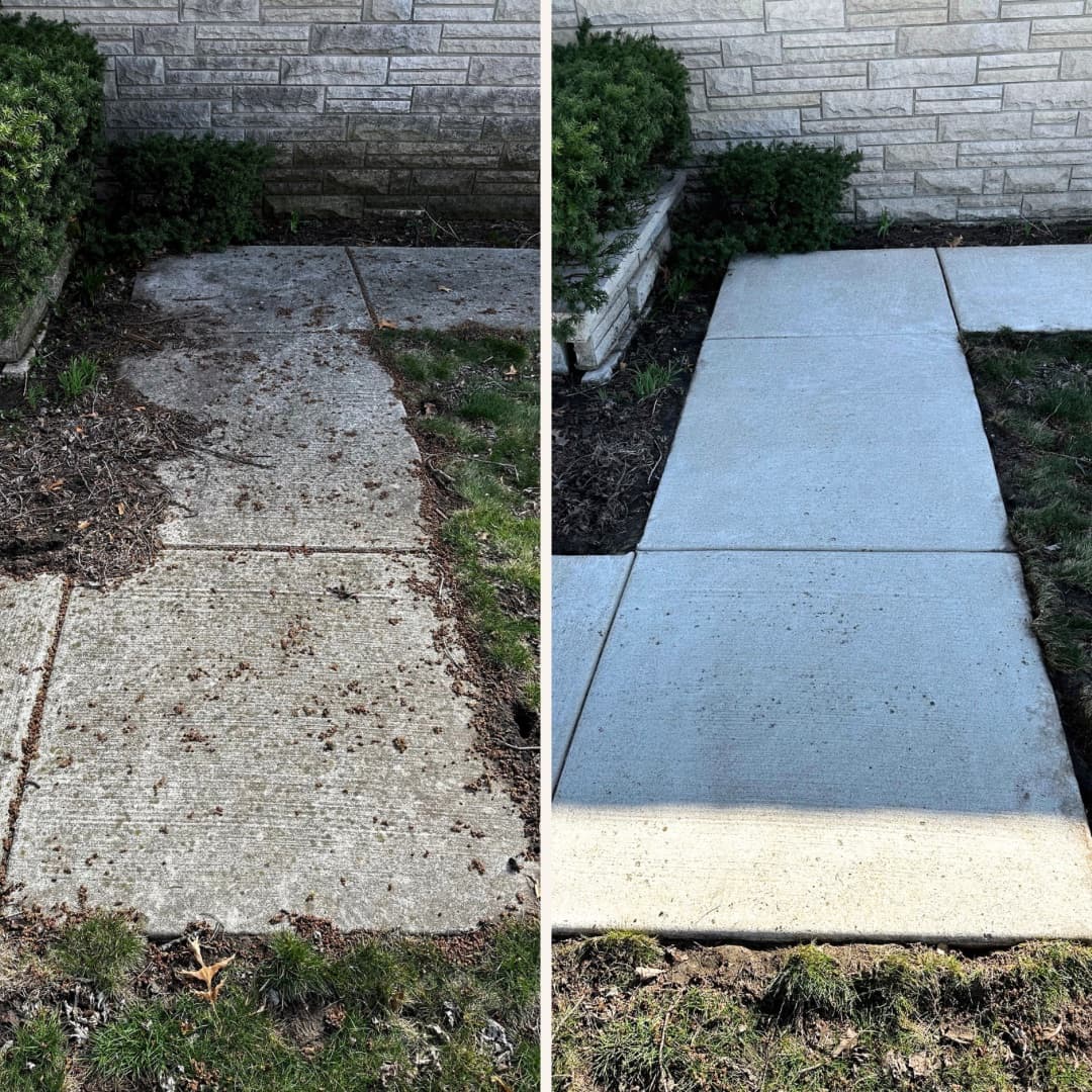 Side-by-side of stained and cleaned concrete walkway