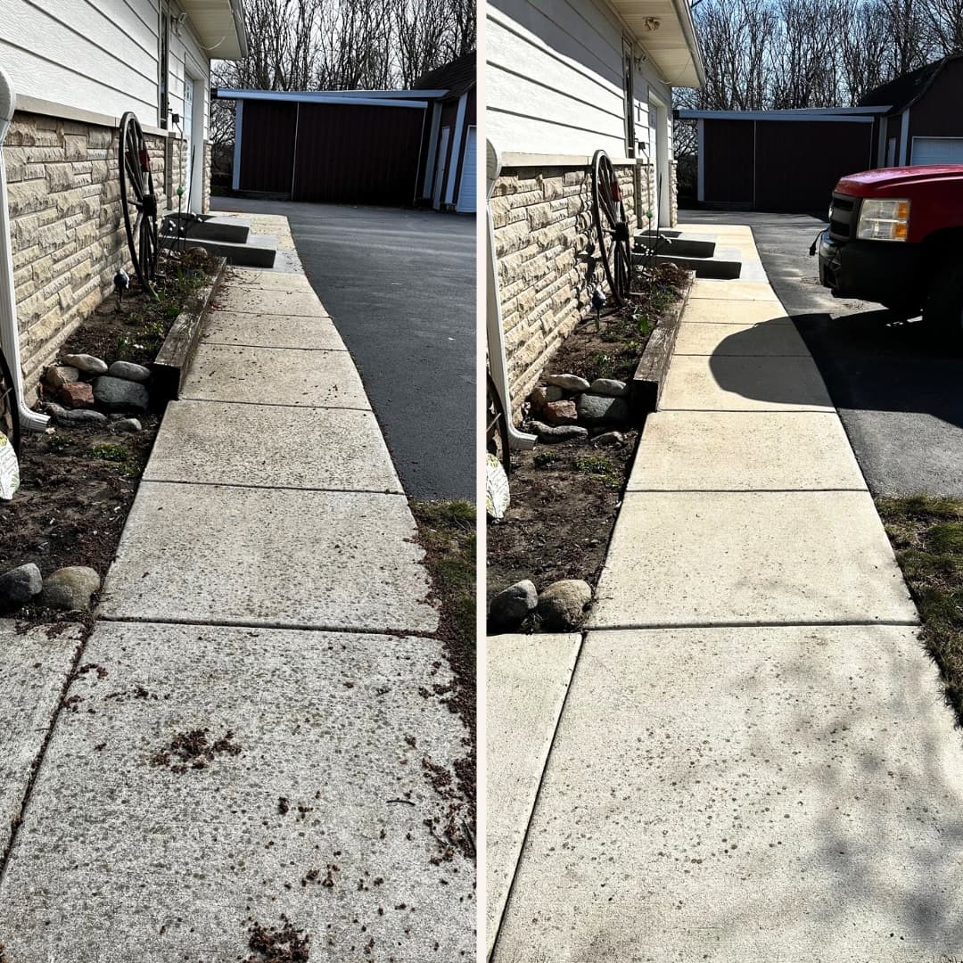 Side-by-side comparison of concrete walkway before and after cleaning