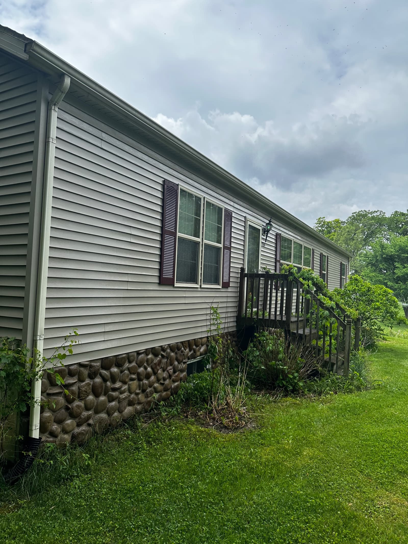 Vinyl siding with stone base and overgrown plants before cleaning in Lowell, Indiana.